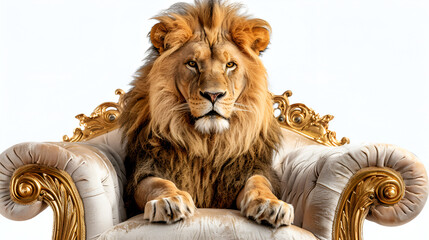 Royal lion sitting on a throne closeup isolated on white, generative ai