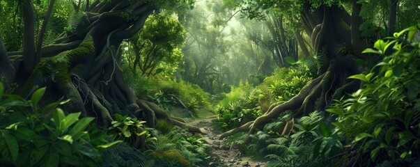A forest with a path through it. The path is surrounded by trees and bushes. The forest is lush and green, with sunlight filtering through the leaves