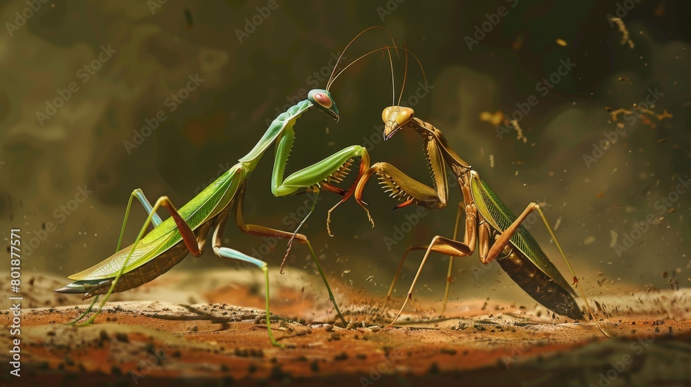 Poster a pair of mantises engaged in a fierce battle for territory, their forelegs raised in a display of d