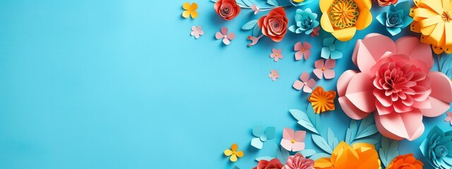 blue background with colorful paper flowers art on the right side