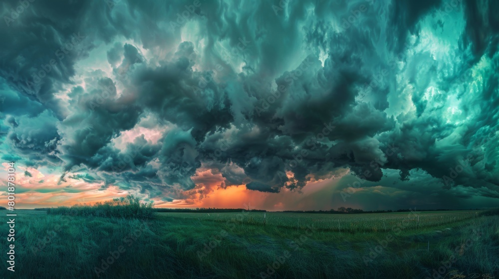 Aufkleber a panoramic view of a stormy sky, with ominous clouds rolling in and obscuring the fading sunlight.