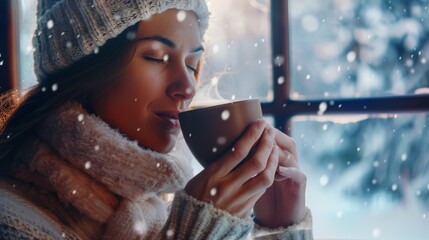 A person holding a cup of cocoa their eyes closed in bliss as they experience a virtual smell simulation that transports them to a warm and cozy winter cabin..