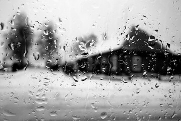 View on winter house through wet windshield with rain drops. Black and white