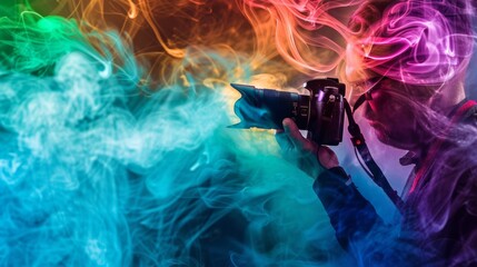A photographer capturing the dynamic movement of colorful cigarette smoke as it disperses into the air. - obrazy, fototapety, plakaty
