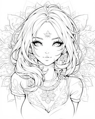 Beautiful anime girl, black and white vector art, for coloring book, isolated white background.