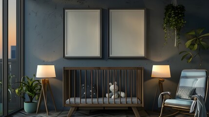 Mock up poster frame in children room, scandinavian style interior background, 3D render 
