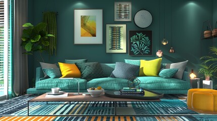 Chic and youthful living room setup in teal, designed for energetic young individuals, combining modern aesthetics with a cozy, tranquil atmosphere