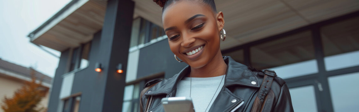 An African American woman in a stylish leather jacket focused on her cell phone screen - Powered by Adobe