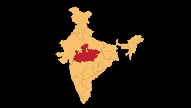 Madhya Pradesh map animated video. Madhya Pradesh location in India highlighted colour with transparent background in video format. Map animation video.