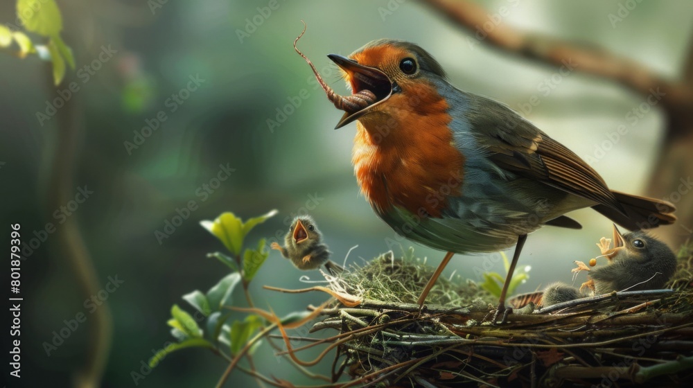 Poster a robin perched on the edge of its nest, tenderly feeding a worm to its chirping chicks with outstre