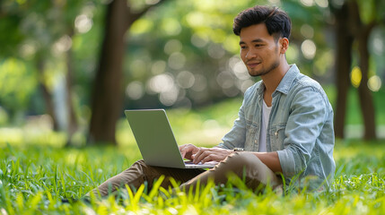 person with laptop in park