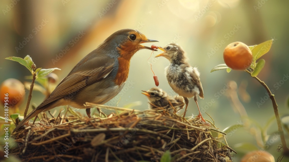 Poster a robin perched on the edge of its nest, tenderly feeding a worm to its chirping chicks with outstre