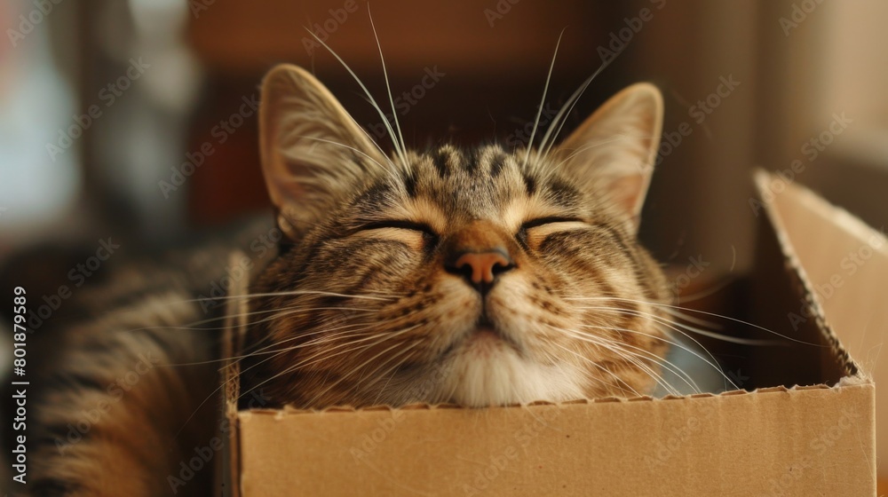 Poster a rotund tabby cat happily wedged into a box that's slightly too small, a picture of contentment.