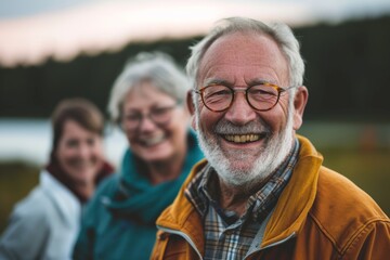 Portrait of happy senior couple with their family on a walk.