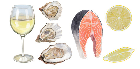 Seafood, digital watercolor illustrations set. Glass of wine, oysters, lemon, salmon steak, isolated images on transparent background