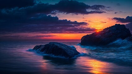 A stone in a calm sea at sunset. Creative, AI Generated