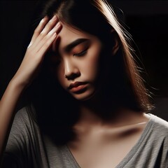 A young asian woman portrait having a headache, with the rim light. The background is black