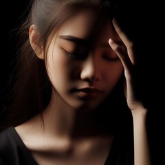 A young asian woman portrait having a headache, with the rim light. The background is black