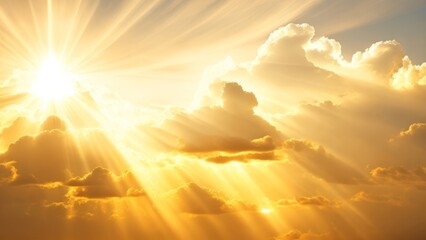 Celestial display of white and golden clouds with sunbeams breaking through. Creative, AI Generated