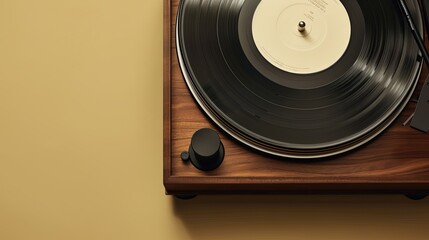 A vintage vinyl record player with a walnut wood base and a beige background.