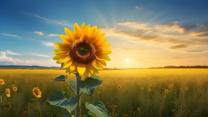  a brilliant sunflower blooming proudly amidst a vast grassland. The sunflower is depicted with exaggerated colors, its petals appearing almost surreal in their vibrant yellow hue. The grassland surro - obrazy, fototapety, plakaty