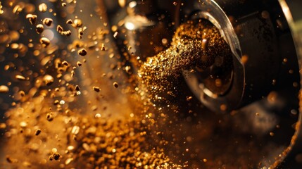 The satisfying sight of goldenbrown coffee grounds cascading out of a grinder and into a brewing device. - obrazy, fototapety, plakaty
