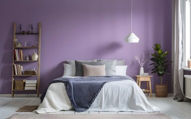 Empty-painted peri lavender soft purple wall. White and grey color bedding furniture and blank background.Bedroom interior trend 2024 year Modern luxury apricot room interior home designs.
