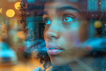 A close-up shot of a fashion store's show window display, with the reflection of a young adult looking at the display, using a polarizing filter to reduce glare and enhance the reflection.