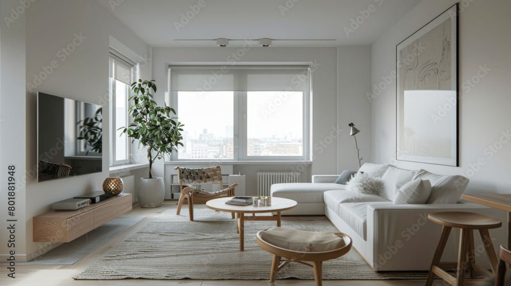 Poster a stylish minimalist sitting room with a scandinavian-inspired design, showcasing simplicity, functi