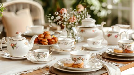 A cozy table setting adorned with vintage teapots teacups and saucers creating a charming ambiance for an elegant hightea gathering.