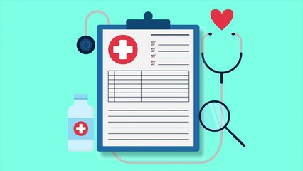 Medical health research report and health insurance concept with medical document, stethoscope and medicine bottle. - Powered by Adobe