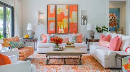 Bright and inviting living room for a youthful lifestyle, featuring coral decor for a vibrant and energetic ambiance