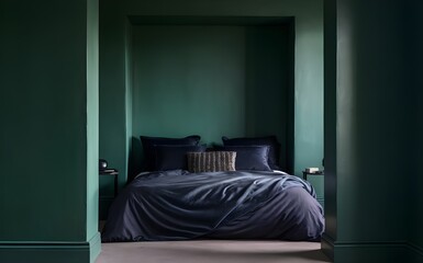 Empty-painted deep green wall. Dark grey color bedding furniture and blank background.Bedroom interior trend 2024 year Modern luxury apricot room interior home designs.