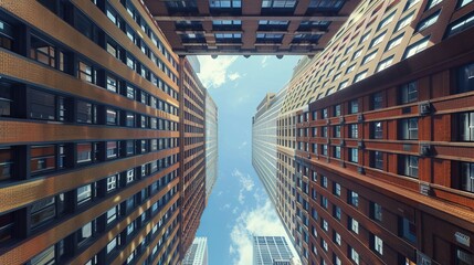 Tall buildings can be seen on both sides; glance up - obrazy, fototapety, plakaty