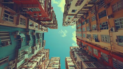 Tall buildings can be seen on both sides; glance up - obrazy, fototapety, plakaty
