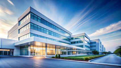 Obraz premium Modern office building with a glass facade illuminated against the sky