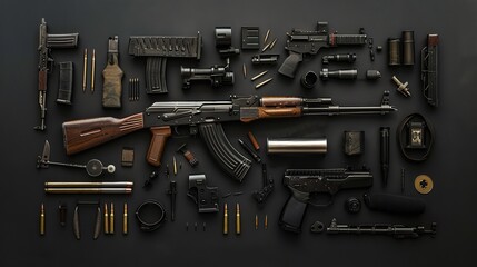 image of all components of the rifle on a full dark gray background with studio quality lighting