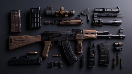 image of all components of the rifle on a full dark gray background with studio quality lighting