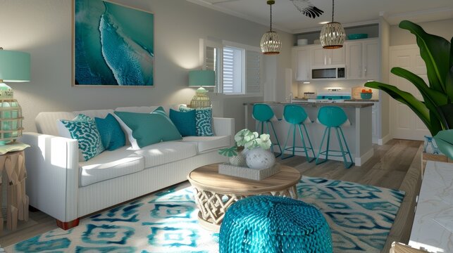 Bright and airy living room design for a young resident, highlighted by cheerful turquoise accents and a layout promoting a dynamic lifestyle