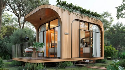 Small modern tiny house with wooden cladding and a roof terrace, a small kitchen area, one-storey, simple design, 3D rendering model, an architectural drawing in style