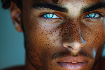 Capture a close-up shot of a male model's face, focusing on their expression and gaze to convey a sense of confidence and style.