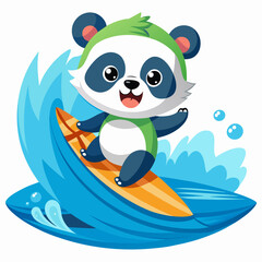 A cute little panda surfing on the sea with a white background