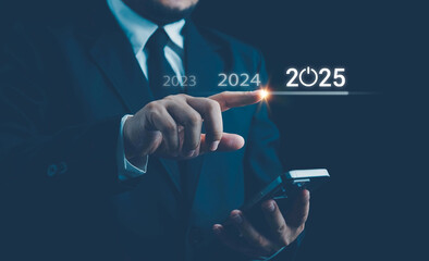 Businessman touch on virtual bar status to change from 2024 to 2025, countdown of merry Christmas...
