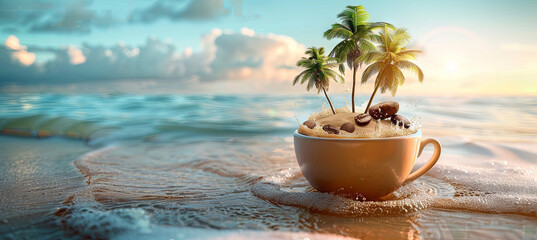 Obraz premium unreal illustration of palm tree grows from a cup on the tropical beach background, travel concept, vacation time, summer, holiday
