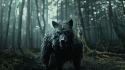A dark, eerie werewolf standing in a foggy forest.
