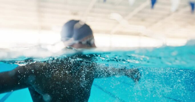 Athlete, pool and unhappy with water splash for race, time and fitness workout performance. Black man, swimming and frustrated with reaction for speed challenge, competition and training result