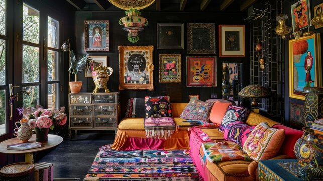 Bohemian-style young person's room filled with colorful patterns and textures, featuring vintage and global-inspired furnishings for a unique space