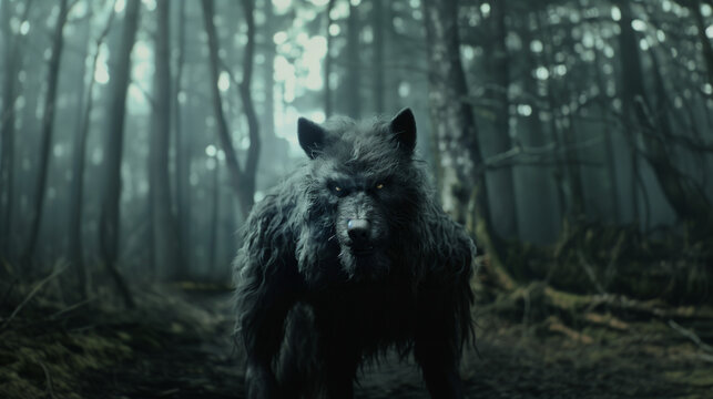 A dark, eerie werewolf standing in a foggy forest.
