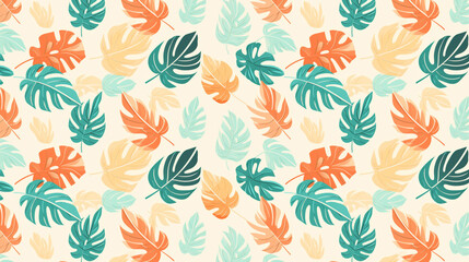 Obraz premium A seamless pattern of overlapping monstera leaves in a blue, orange and green color scheme.