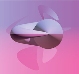 Abstract 3D shape forming a curved ribbon.
This shape is smooth and has a metallic or pearlescent texture that reflects light. The color of this form smoothly transitions from white to purple and pink